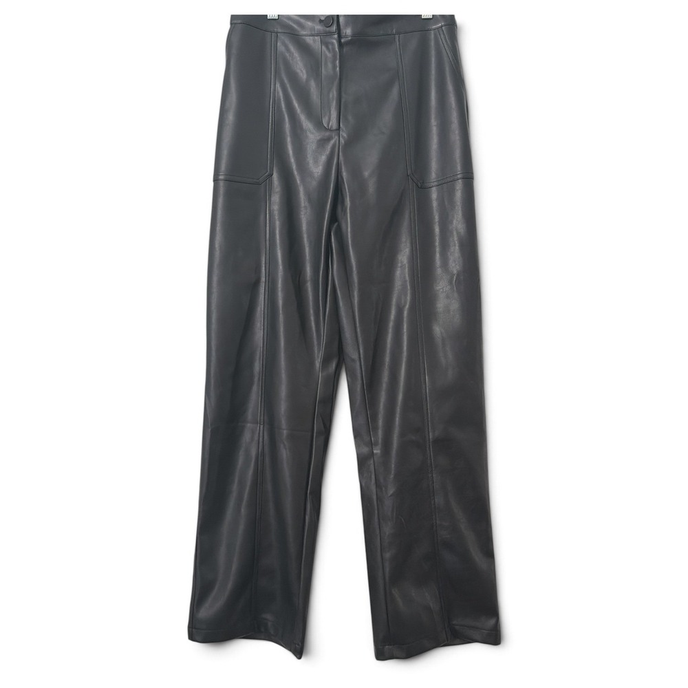Lucy Paris Black Faux Leather Straight Leg Pants High Rise Elastic Back Size M